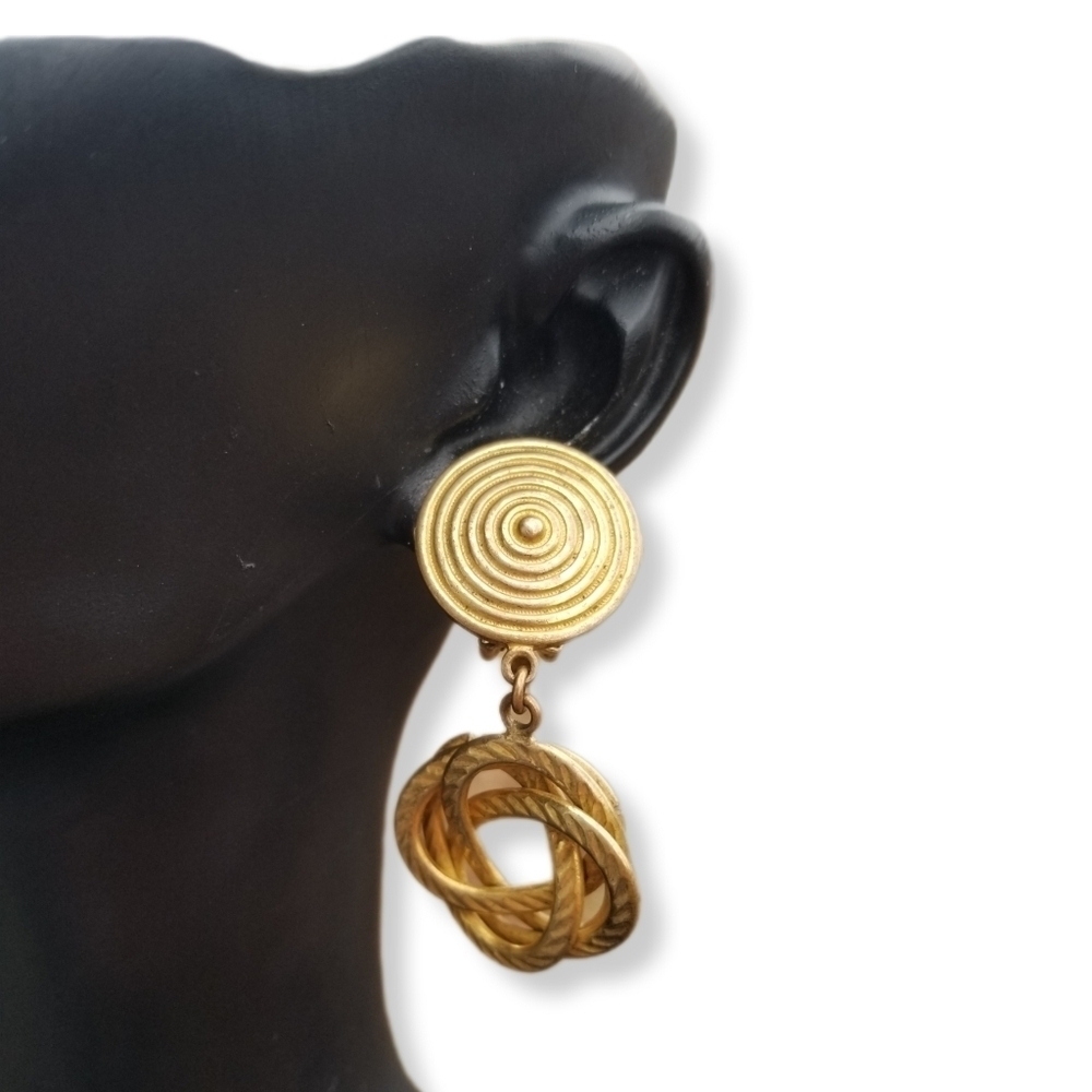 MIRIAM HASKELL 1980s GOLDTONED SPIRAL DESIGN & ORNATE KNOT DROP CLIP ON EARRINGS